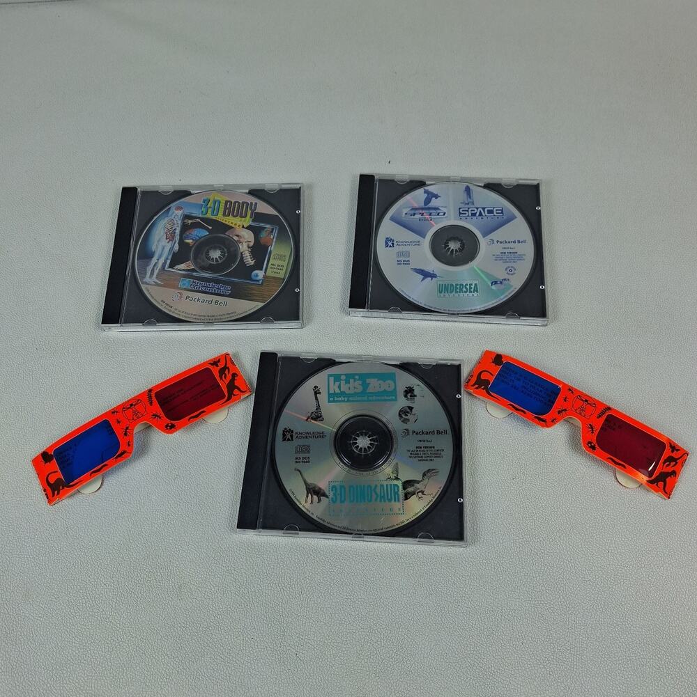 Vtg Packard Bell CD-ROM Game Lot 3-D Body Dinosaur Kids Zoo Space 3D Glasses
